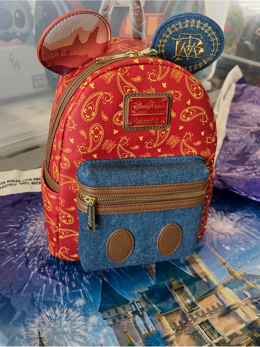 Loungefly Red Paisley Denim Mickey Ear Mini Backpack